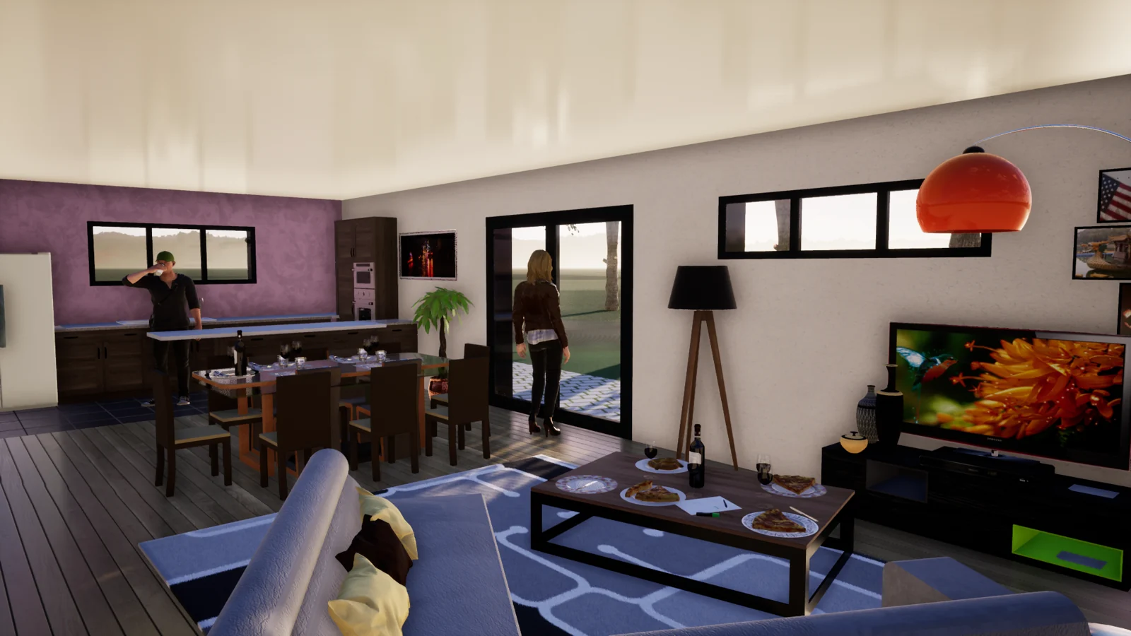 Vue 3D d’un séjour ouvert sur la cuisine et la salle à manger