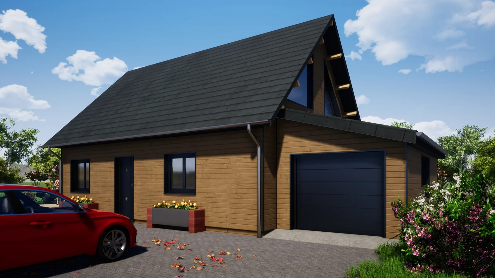 Visualisation 3D d’une maison en bois avec toiture à deux pans et garage