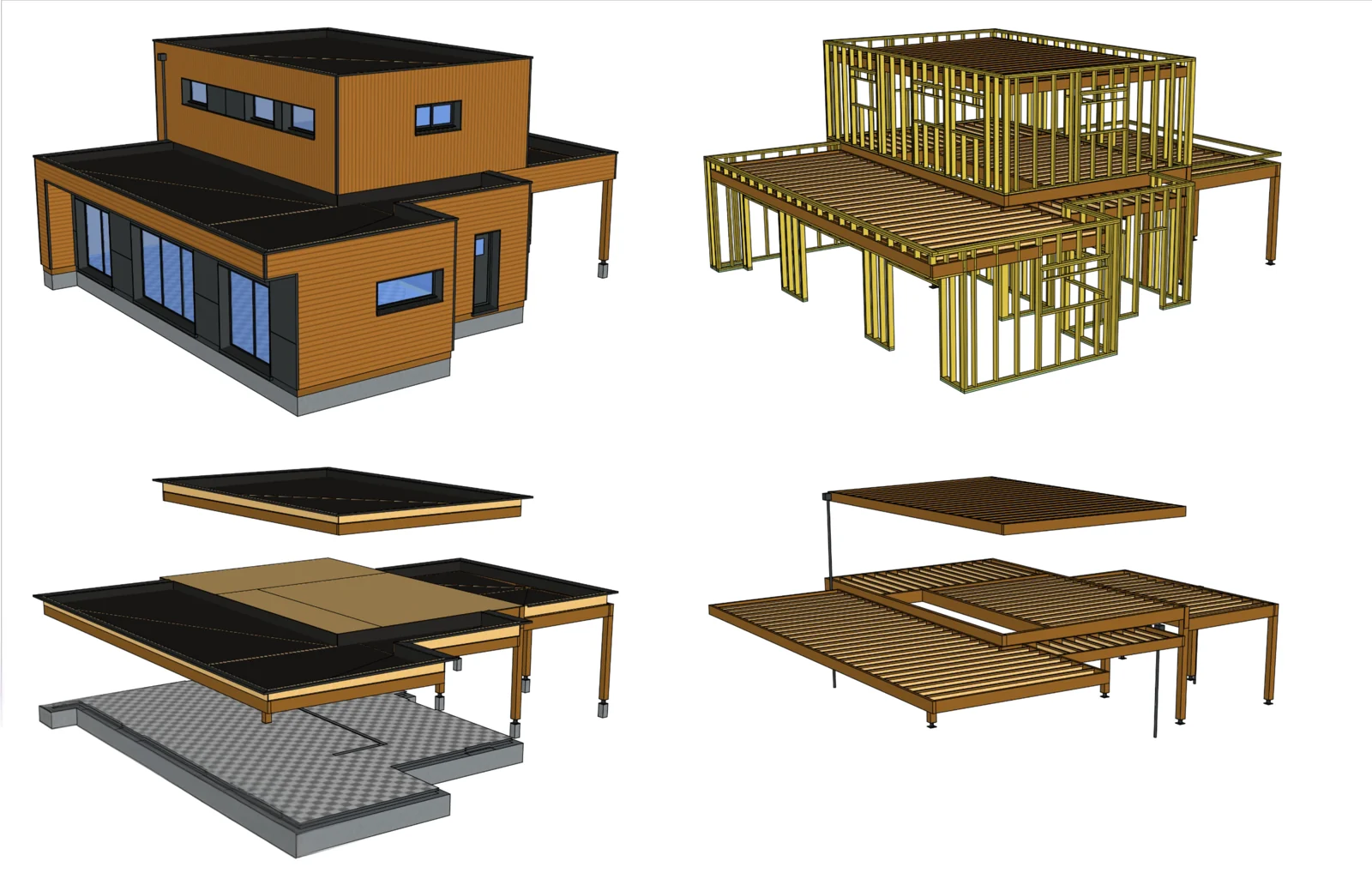 Vues d’une maison en bois et de sa structure, avec planchers et toiture